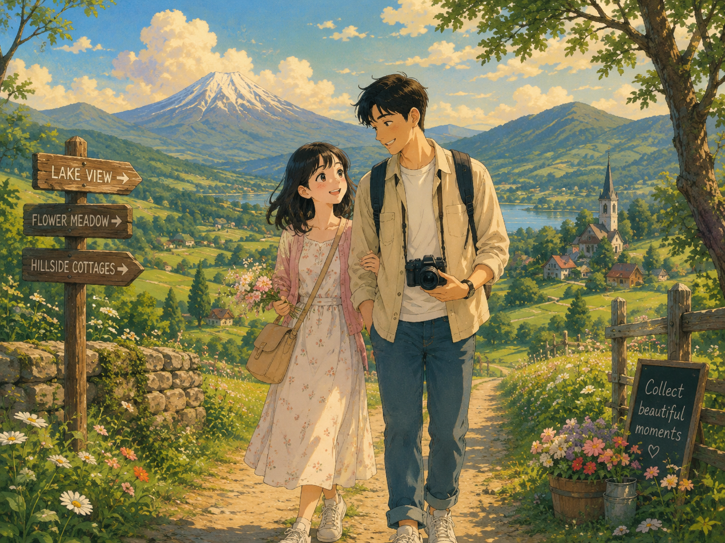 An illustration of the two of us walking a countryside path